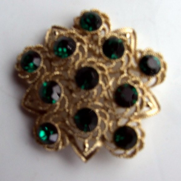 VTG Brooch Large Emerald Green Rhinestone Gold Tone Metal - Picture 2 of 4